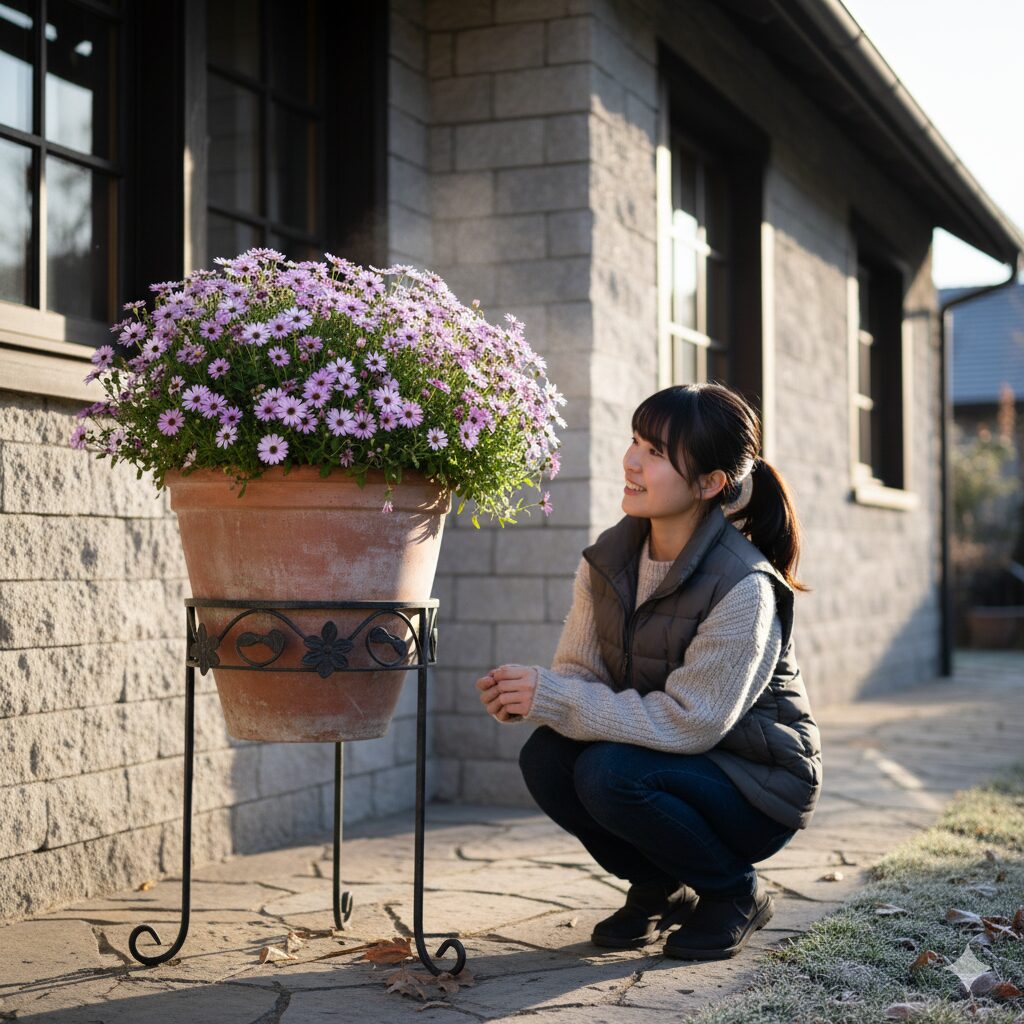 冬越し対策として南向きの軒下のフラワースタンドに置かれた星空マム