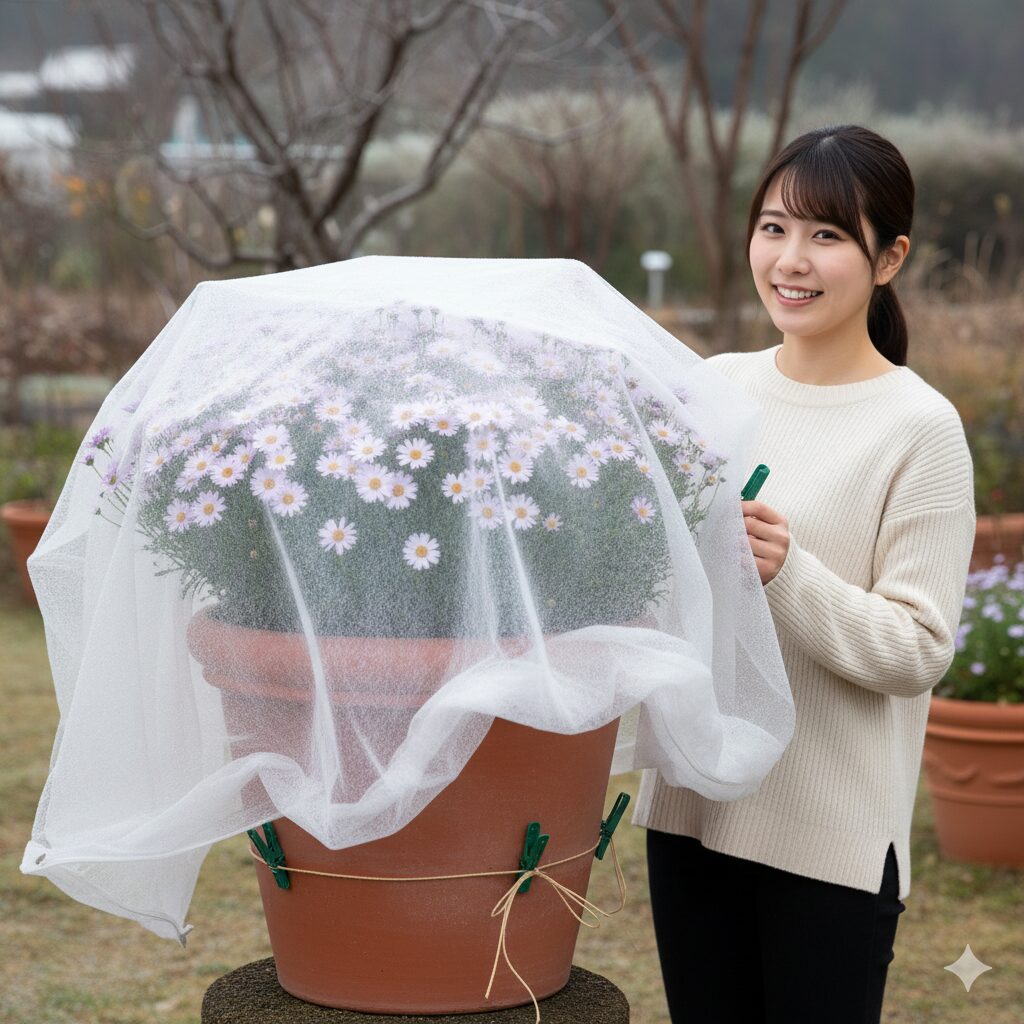 霜や雪から星空マムを守るために不織布で覆った防寒対策