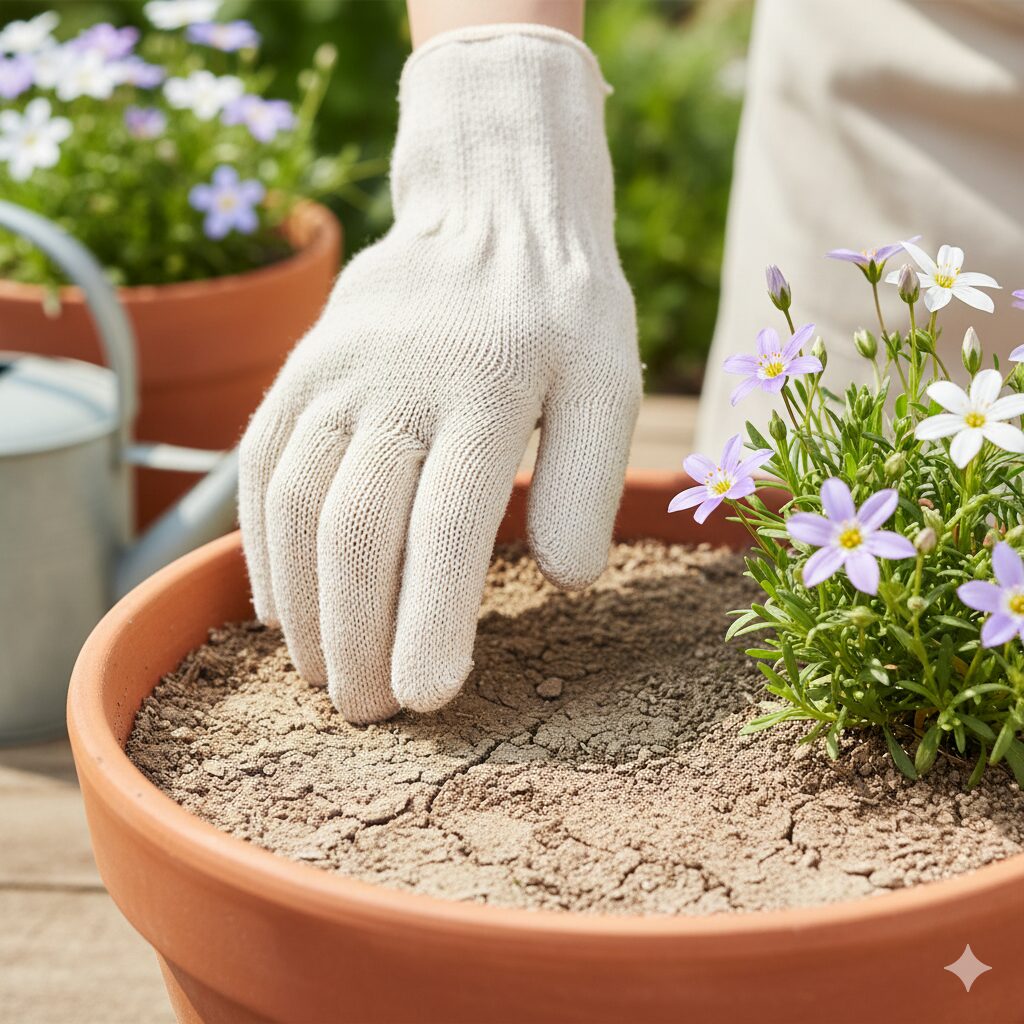 指で土の表面を触って乾燥具合を確認する正しい水やりの方法