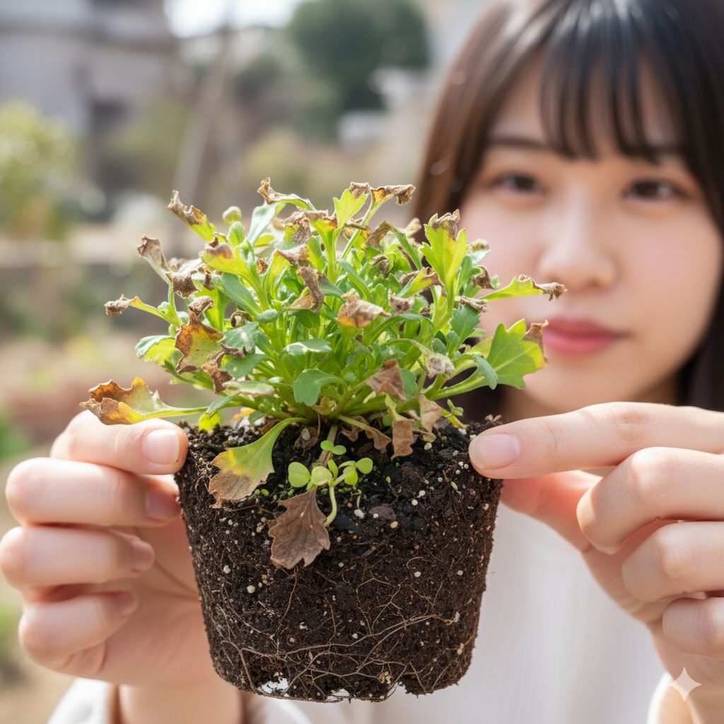 冬越し中の星空マムの株元。枯れた葉の中で緑色の茎と新芽が生きている様子