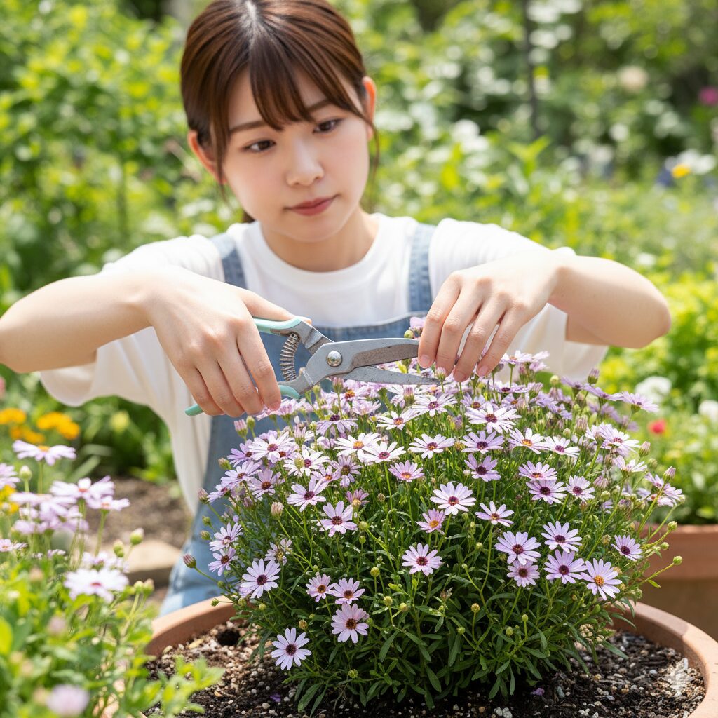冬越し前に行う星空マムの切り戻し剪定（株の半分程度をカット）