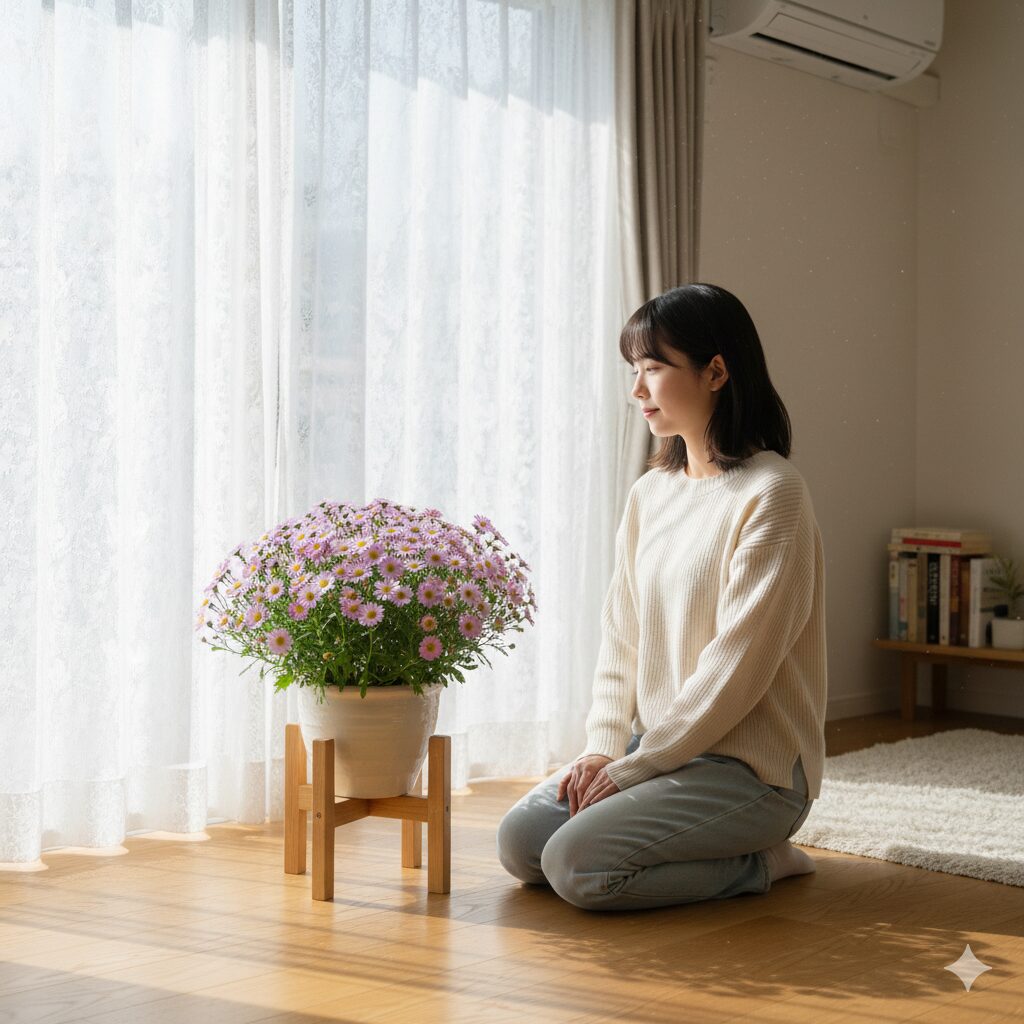 室内の日当たりの良い窓辺で管理される星空マムの鉢植え