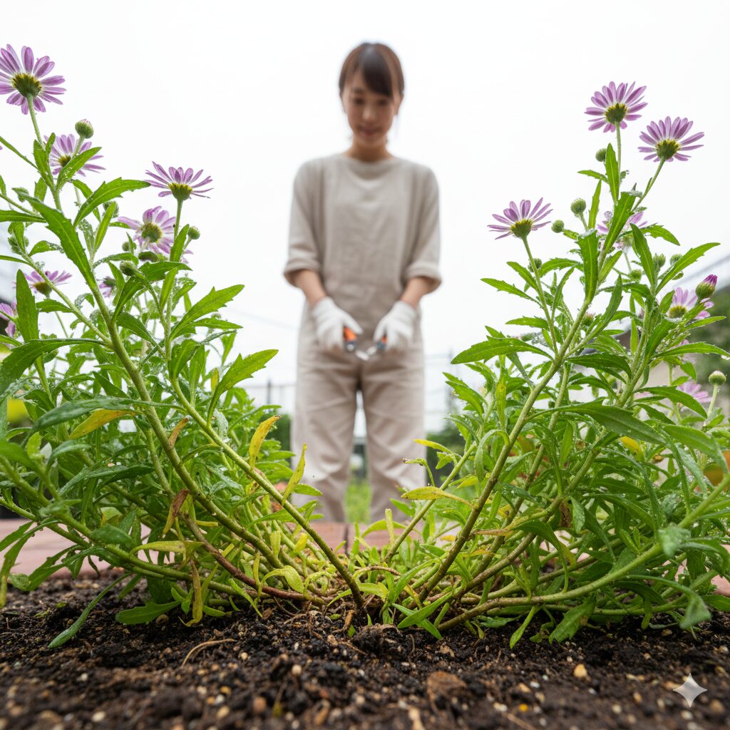 夏の蒸れ対策として株元の葉を取り除き風通しを良くした星空マム