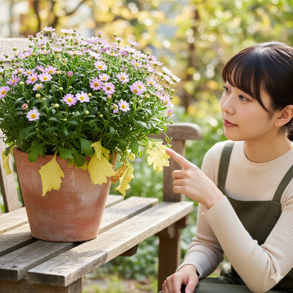 株元の古い葉が黄色くなった星空マム（生理現象としての黄変）