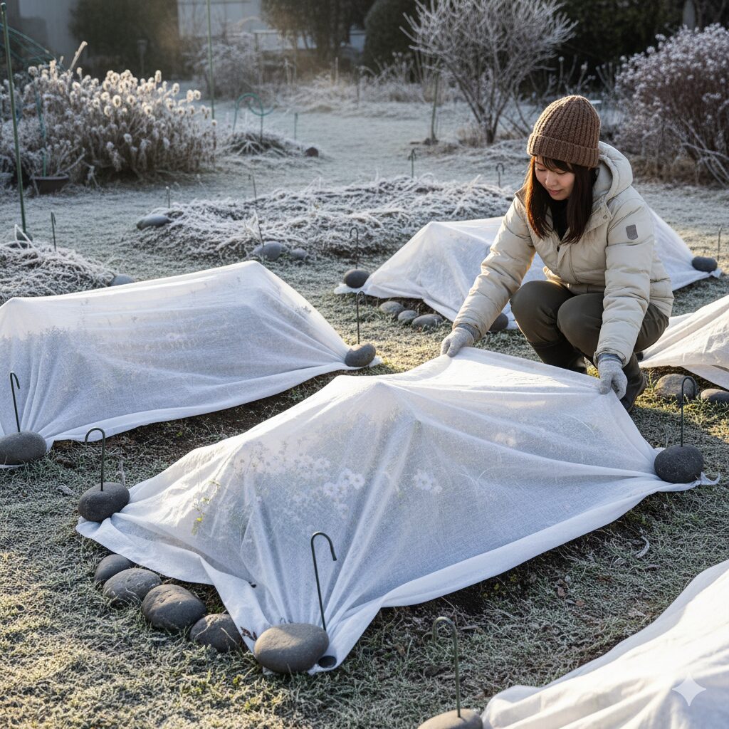霜や寒風から株を守る星空マムの冬越し対策（不織布のべたがけ）