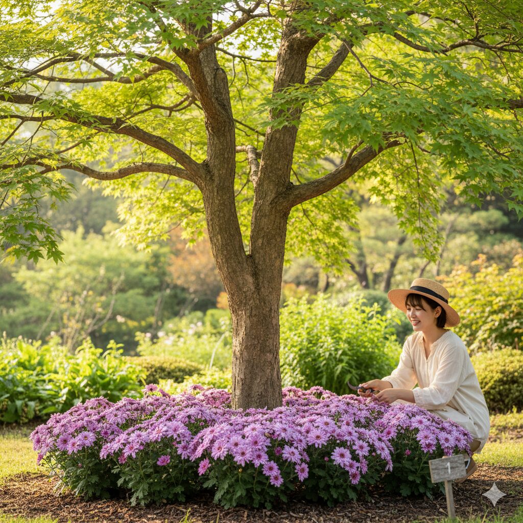 夏の西日を避ける落葉樹の株元に植えられた星空マム（半日陰の環境）