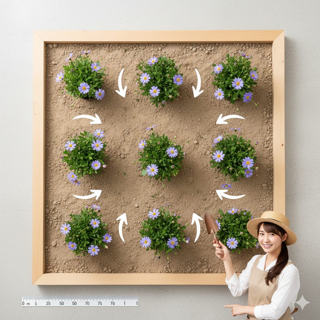 星空マムを地植えする際の適切な株間と植え付け密度（1㎡に9株の配置図）