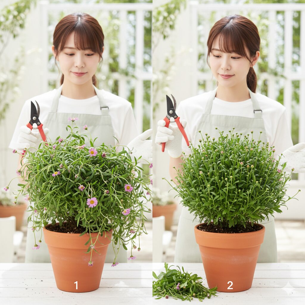 夏越しと蒸れ防止に必須な星空マムの切り戻し剪定（ビフォーアフター）