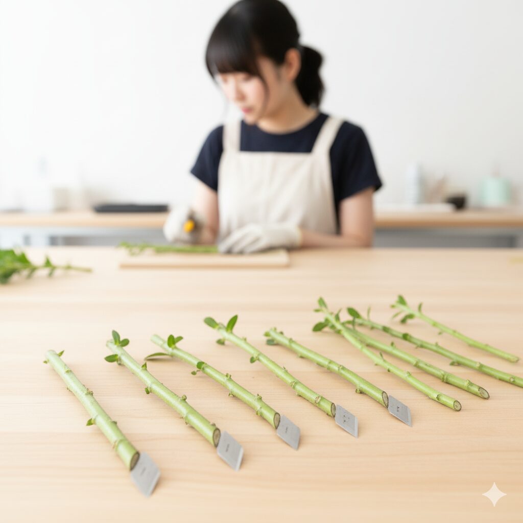 繁殖成功率を高めるために下葉を取り除き、切り口を調整した星空マムの挿し穂