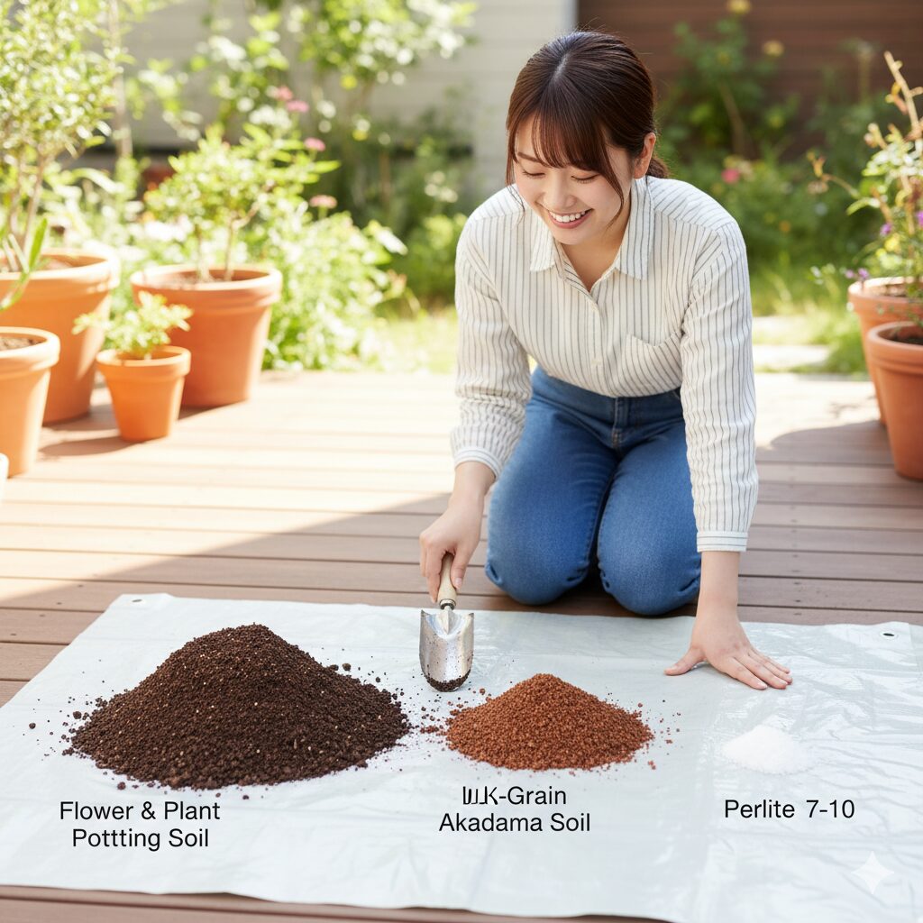 星空マムの水はけを良くする黄金比率（培養土7、赤玉土2、パーライト1）の用土配合イメージ