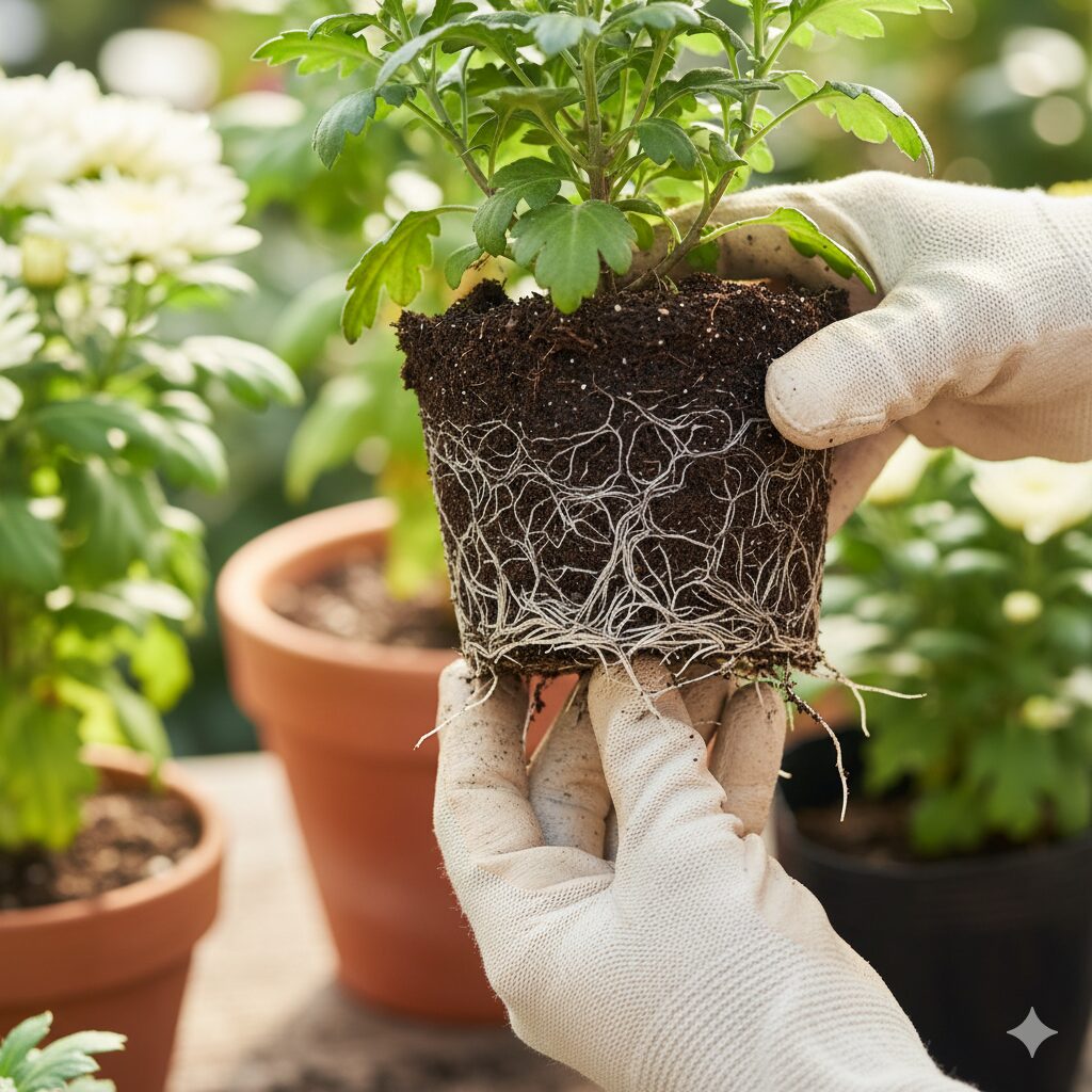 植え付け前に星空マムの固まった根鉢（根）を指で優しくほぐしている手順の様子