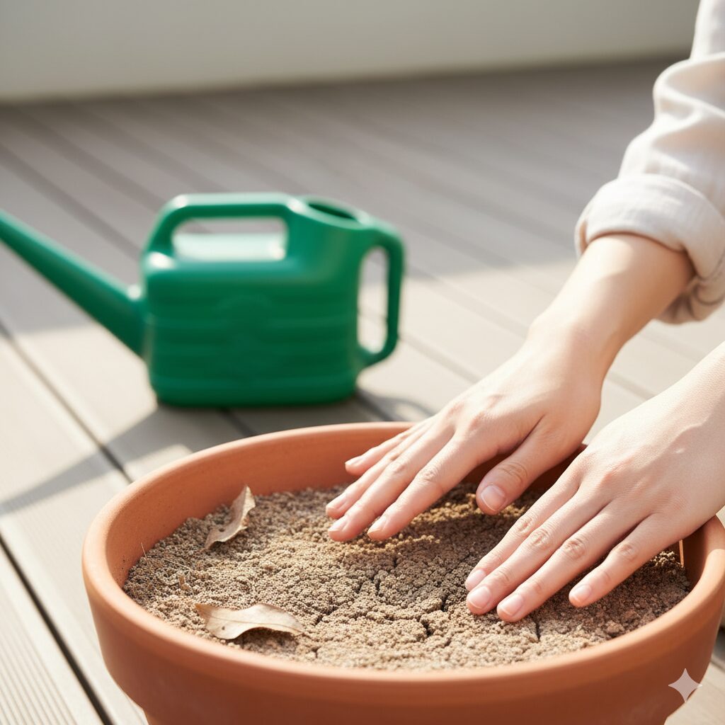 水やりのタイミングを見極めるため、指で鉢土の表面を触って乾燥具合を確認している様子