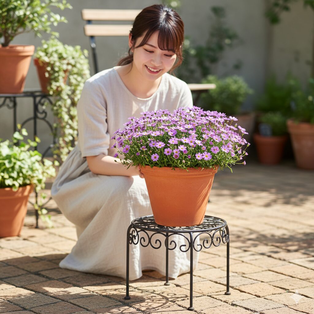 通気性を確保し蒸れを防ぐため、フラワースタンドの上に置かれた星空マムの鉢植え