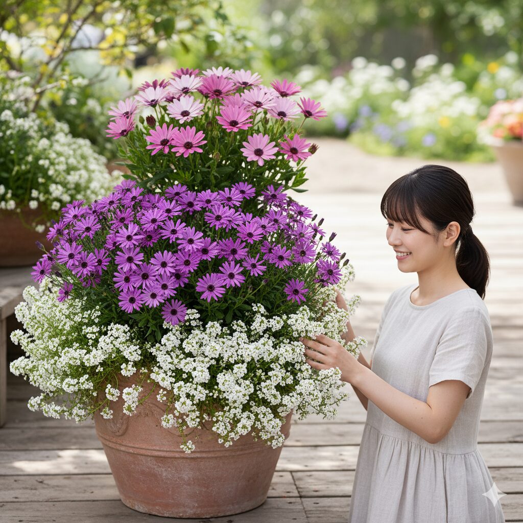 星空マム、オステオスペルマム、スイートアリッサムを組み合わせた、春らしくおしゃれな寄せ植えの事例