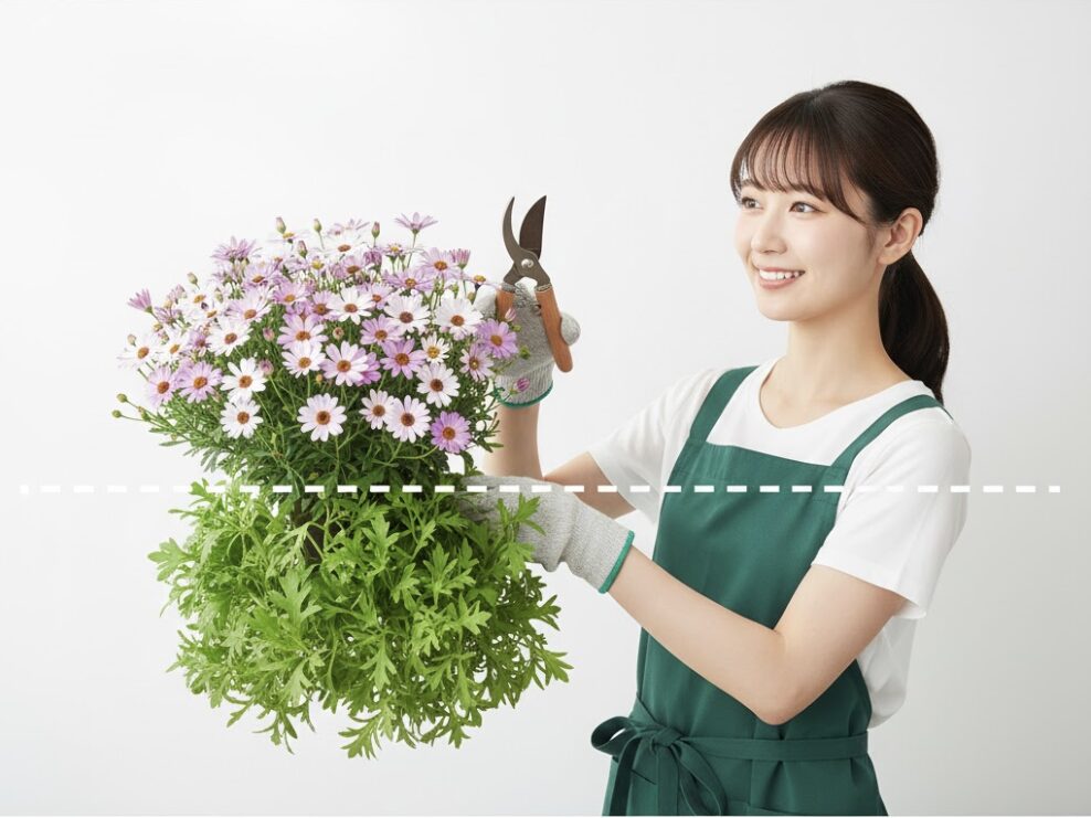 失敗しない星空マムの切り戻し位置の図解。緑の葉を残して草丈の半分程度でカットするラインを示す