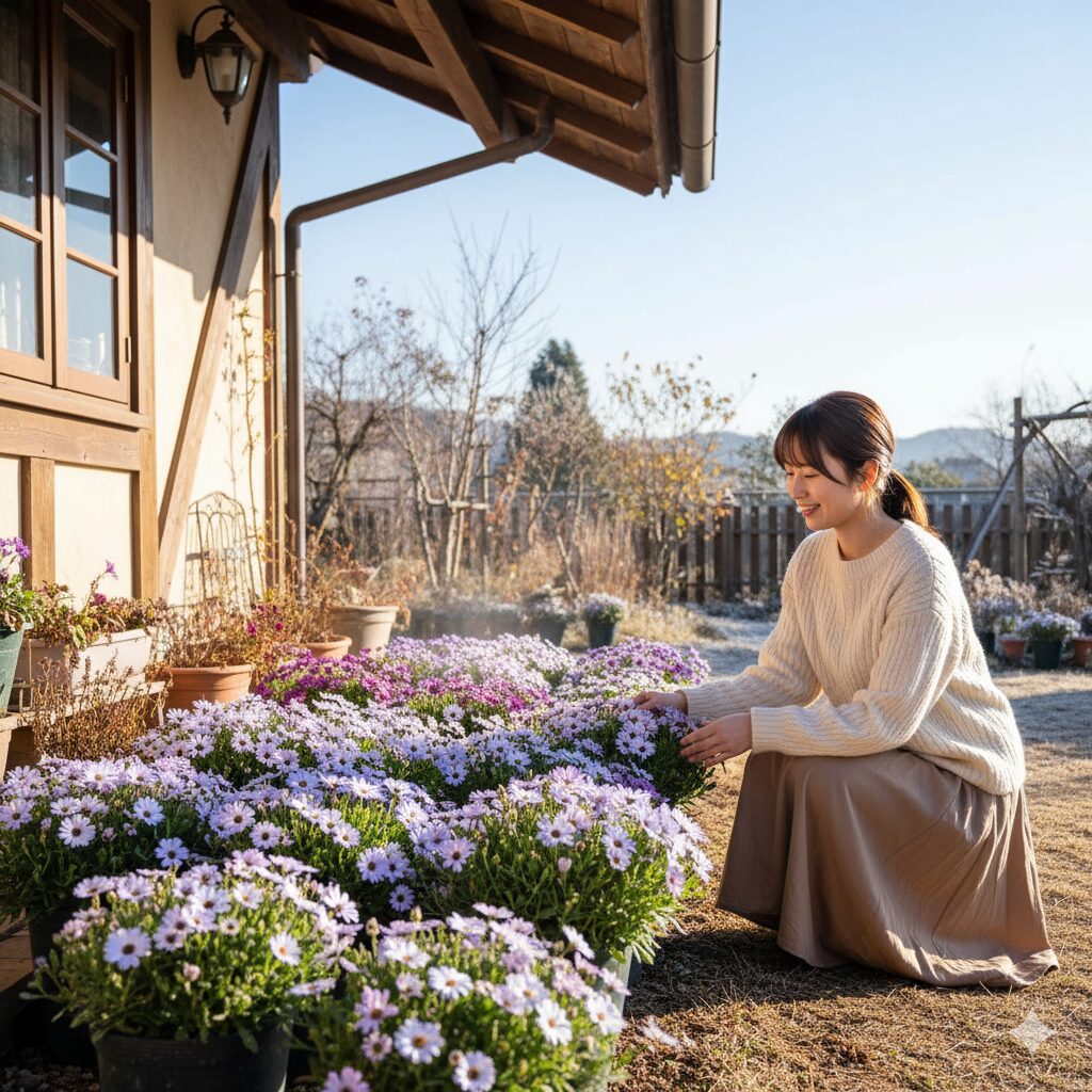 霜や雪を避けて冬越しするために、日当たりの良い軒下に避難させた星空マムの鉢植え