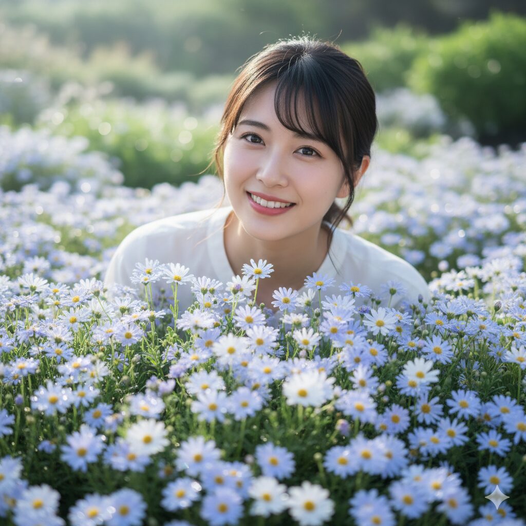 満開に咲き誇る青と白の星空マム（ブラキカム）。星空のように美しい花姿。