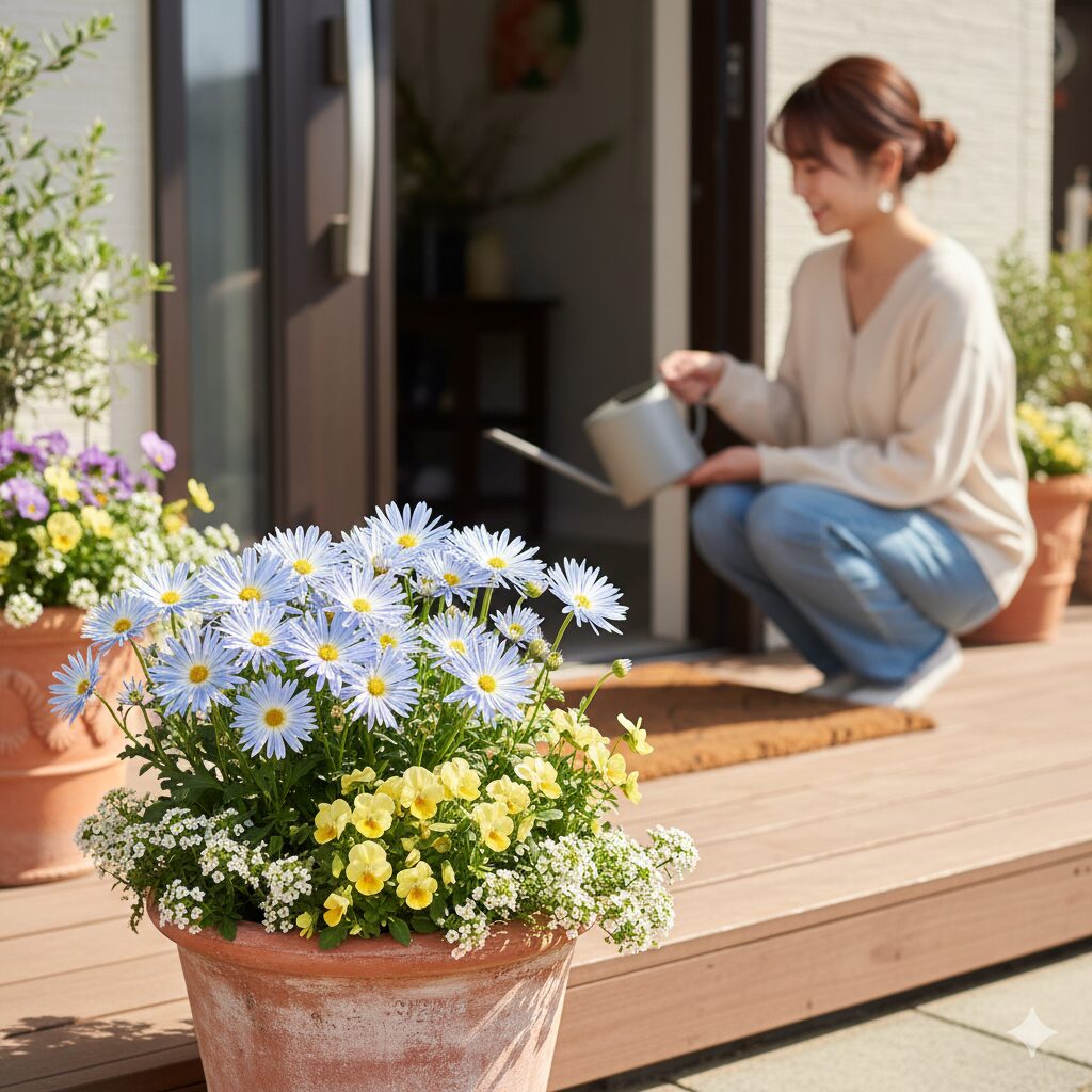 星空マムとビオラ、アリッサムを使った春の寄せ植え。名脇役として他の花を引き立てる活用例。