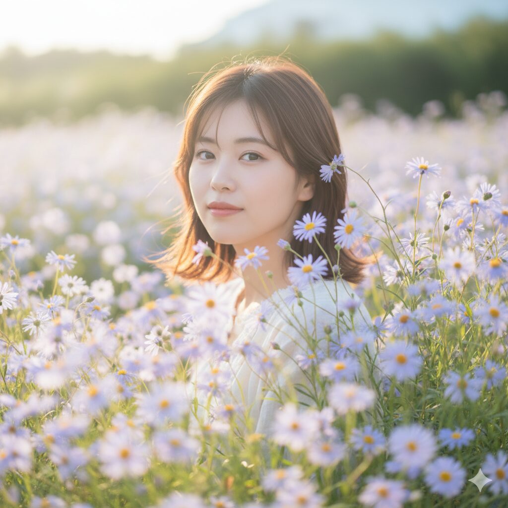 風に揺れるブラキカムの可憐な花姿。花言葉「優美」と「可憐な仕草」を象徴する様子。