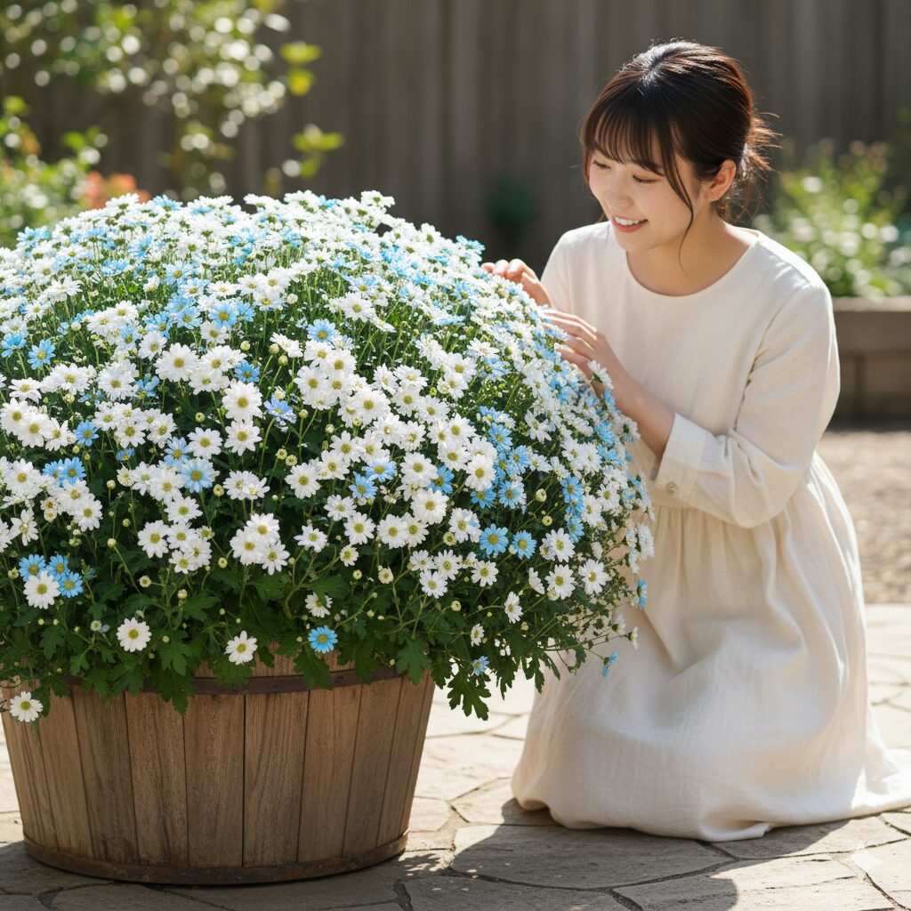 星空マム「バニラ＆ソーダ」の混色植え。青と白の小花が満天の星空のように咲く様子。