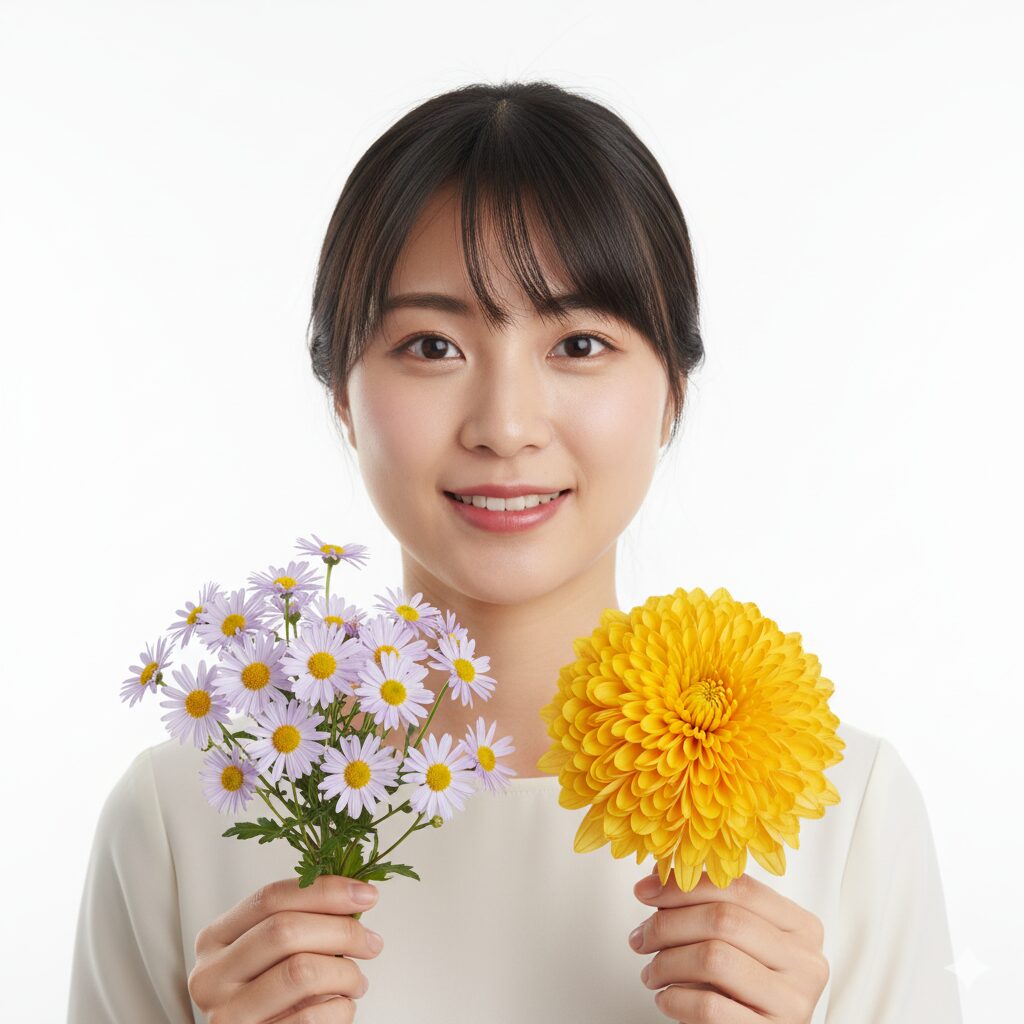 星空マム（ブラキカム）と一般的な洋菊（マム）の比較。同じキク科でも異なる特徴を持つ花。