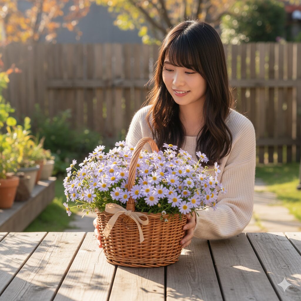 バスケットに植え込まれた星空マムのフラワーギフト。誕生日プレゼントに適した可愛らしいアレンジメント。