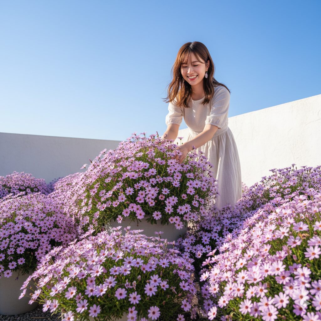 陽の光を浴びて元気に咲く星空マム。怖い花言葉のイメージを払拭する明るく健康的な花姿。