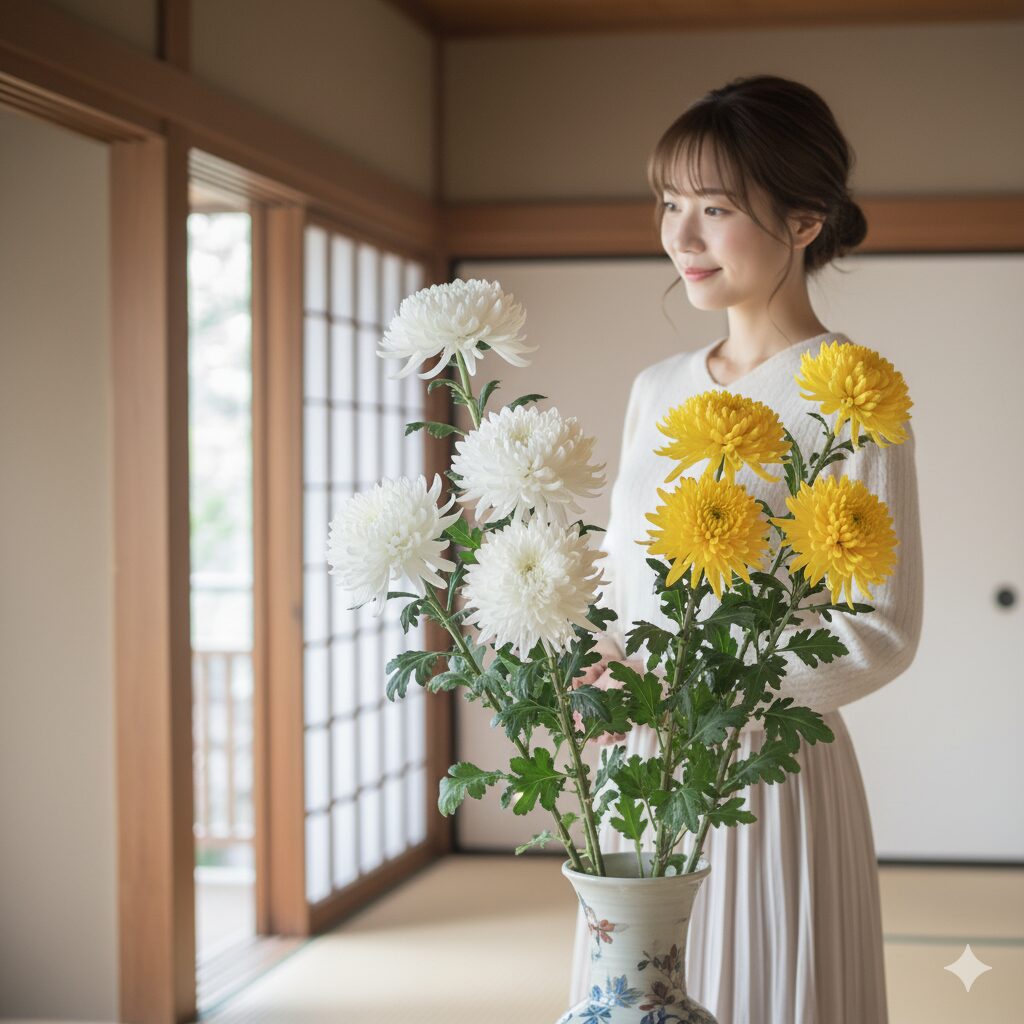 一般的な白と黄色の洋菊（マム）。星空マムとは異なる、誤解の原因となる伝統的な菊の花姿。