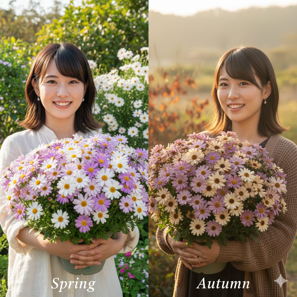 星空マムの開花時期比較:ボリュームのある春の花と色が鮮やかな秋の花