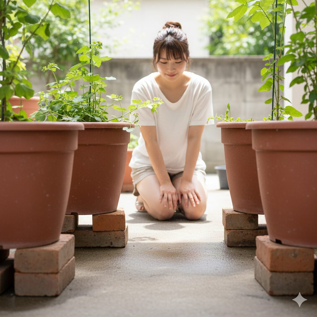 星空マムの夏越し対策:風通しを良くするために鉢を地面から浮かせて管理