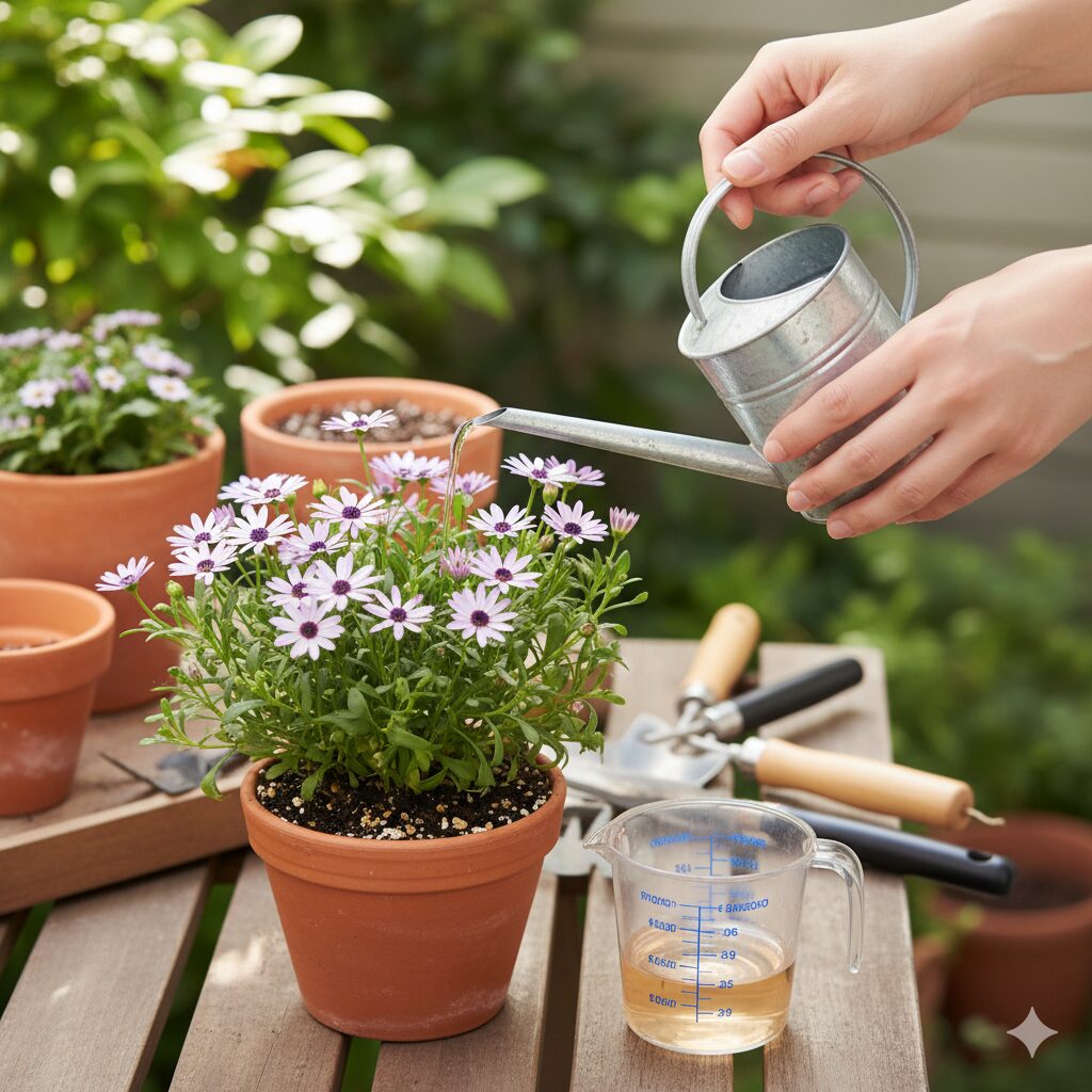 星空マムの追肥:開花期間中に液体肥料を株元へ与える正しいやり方