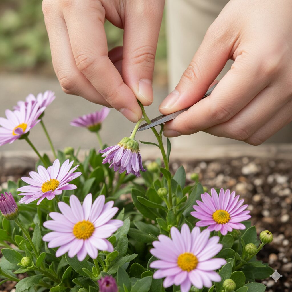 星空マムの花がら摘み:病気予防のために花茎の付け根から摘み取る手順