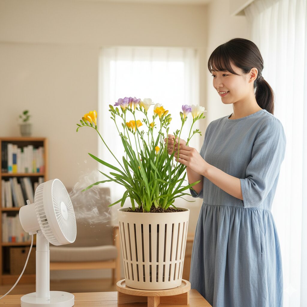 通気性の良いスリット鉢に植えられ、サーキュレーターで風を送られている健康な観葉植物