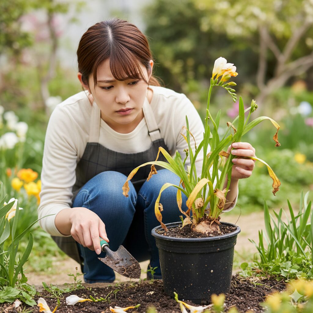 根腐れにより下葉が黄色く変色し、いくつか落ちている観葉植物の葉