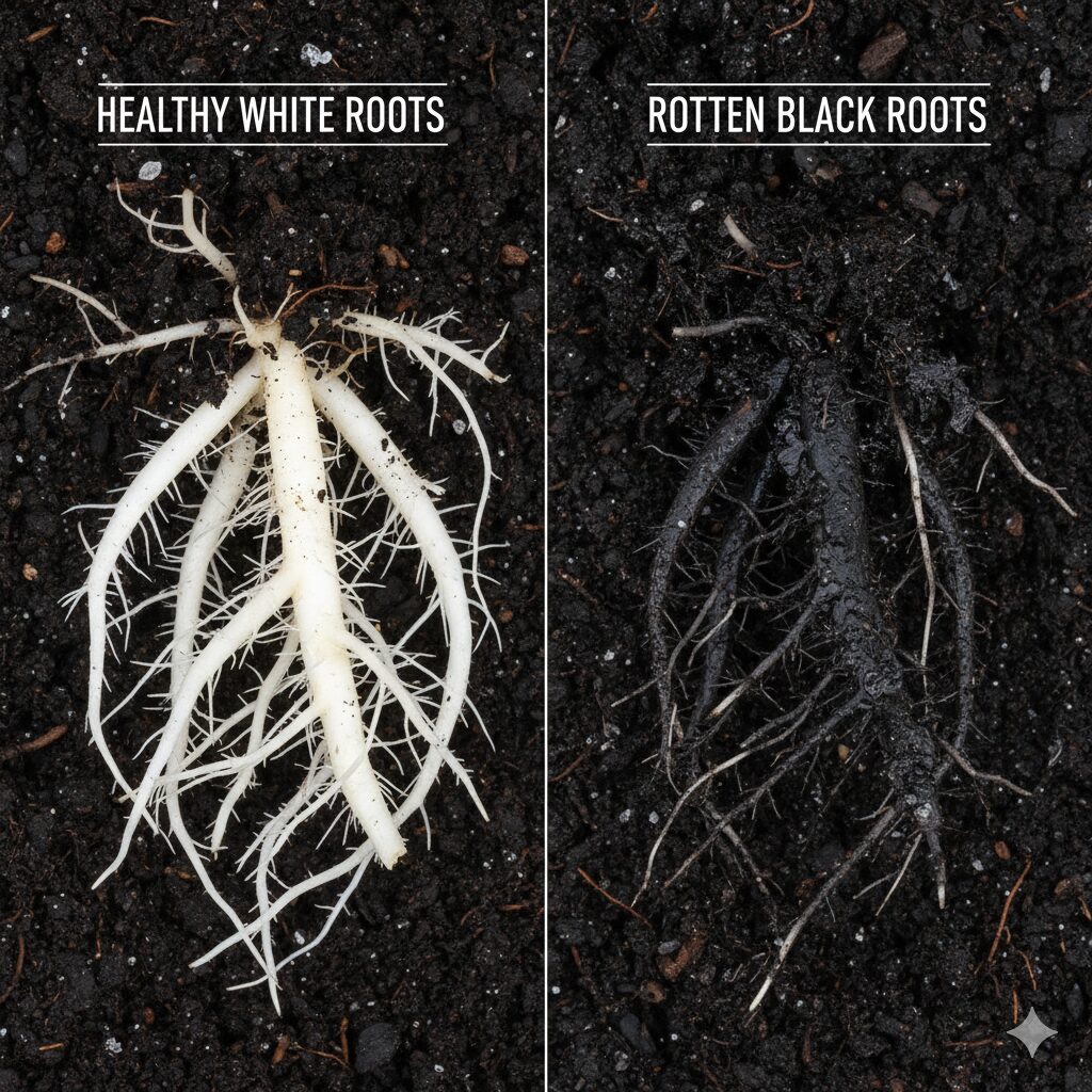 健康な白い根と、黒く腐敗した根を比較している画像
