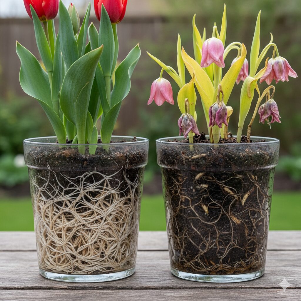 鉢の形に沿って根が密集している根詰まり状態の植物と、腐敗した根腐れ状態の植物を比較