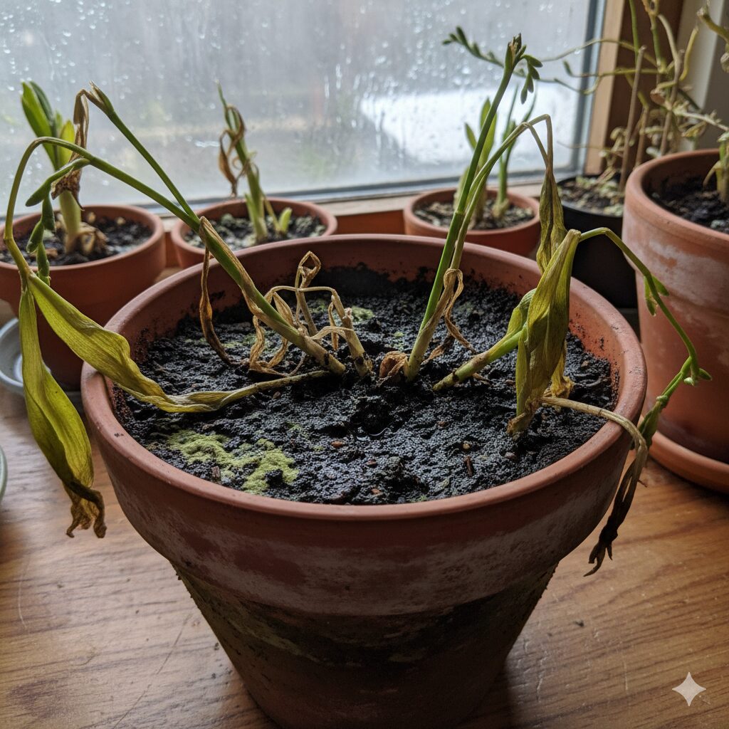 日照不足で葉がしおれ、土が常に湿っている室内観葉植物の鉢