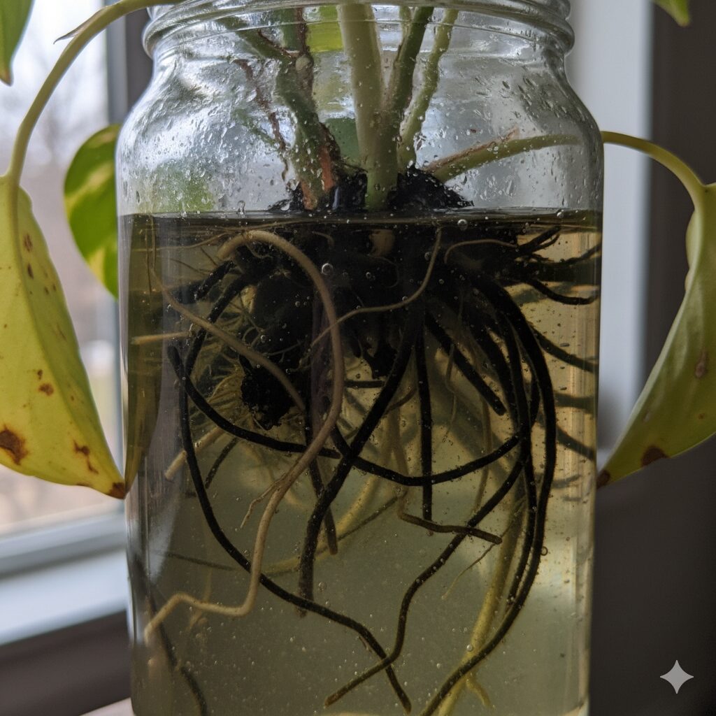 長期間水を交換していないハイドロカルチャー容器の中で、根が黒く変色し、水が濁っている様子