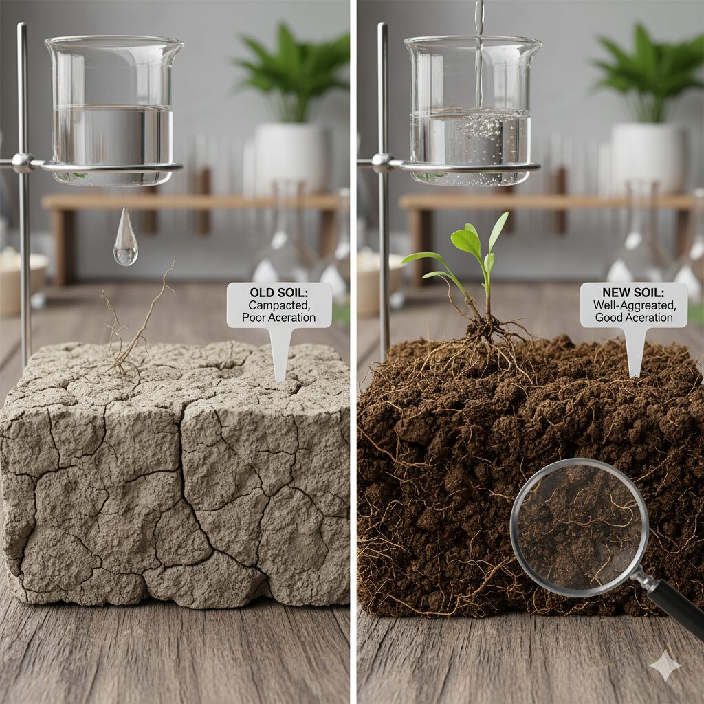 団粒構造が崩壊し、カチカチに固まった古い土と、通気性の良い団粒構造の新しい土の比較