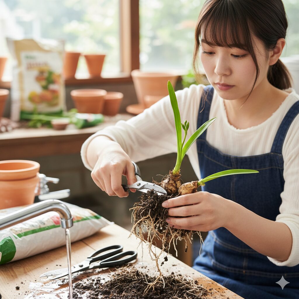 根腐れした植物の根から古い土を洗い落とし、清潔なハサミで腐敗した根を切除している様子