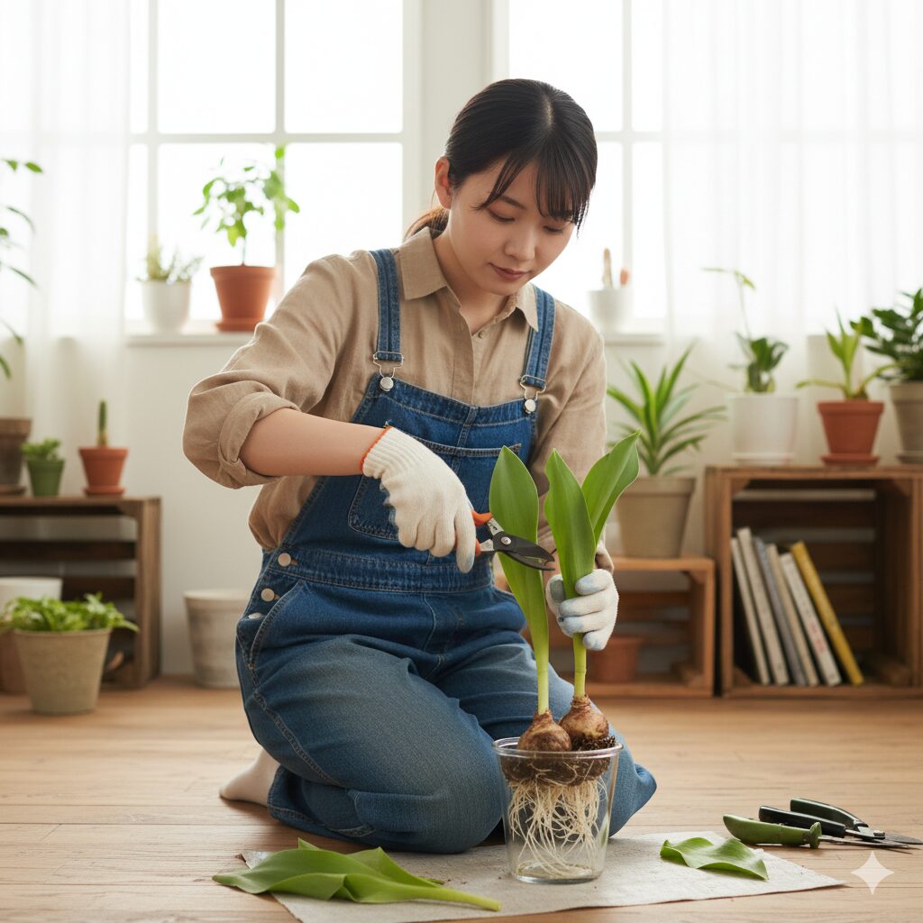 根腐れから回復させるために、根の量に合わせて剪定された観葉植物の葉
