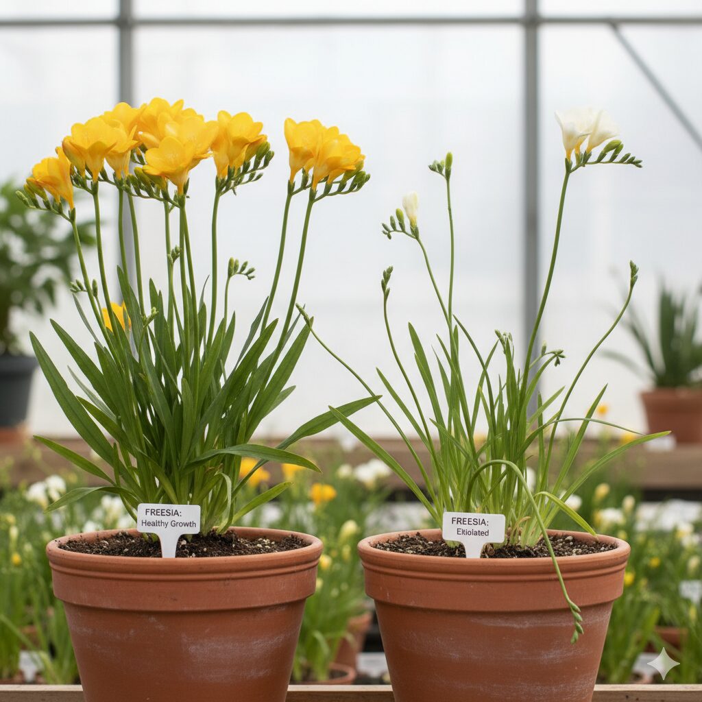 正常に育った植物と、節間が長くひょろひょろに徒長した植物の比較図解