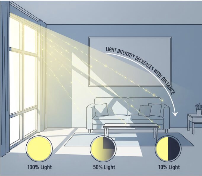 窓際からの距離が離れるほど光量が激減することを説明する室内の図解