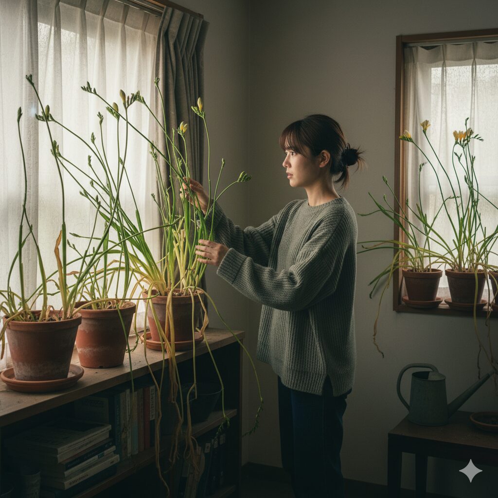 日照不足と窒素過多のアンバランスが軟弱徒長を引き起こすメカニズムの図解