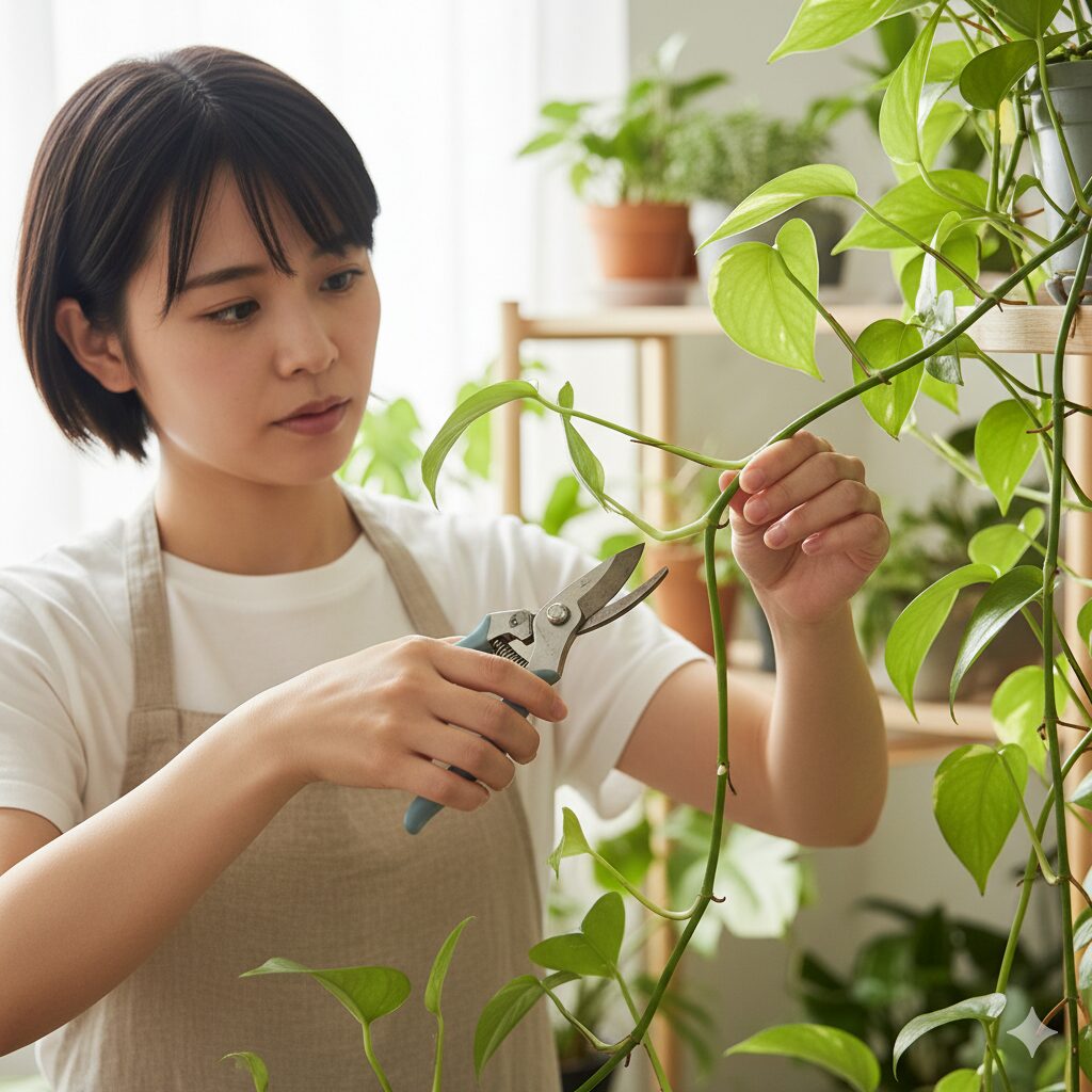 植物の徒長を仕立て直す「切り戻し(剪定)」で、生長点を残す正しいカット位置を示した図解