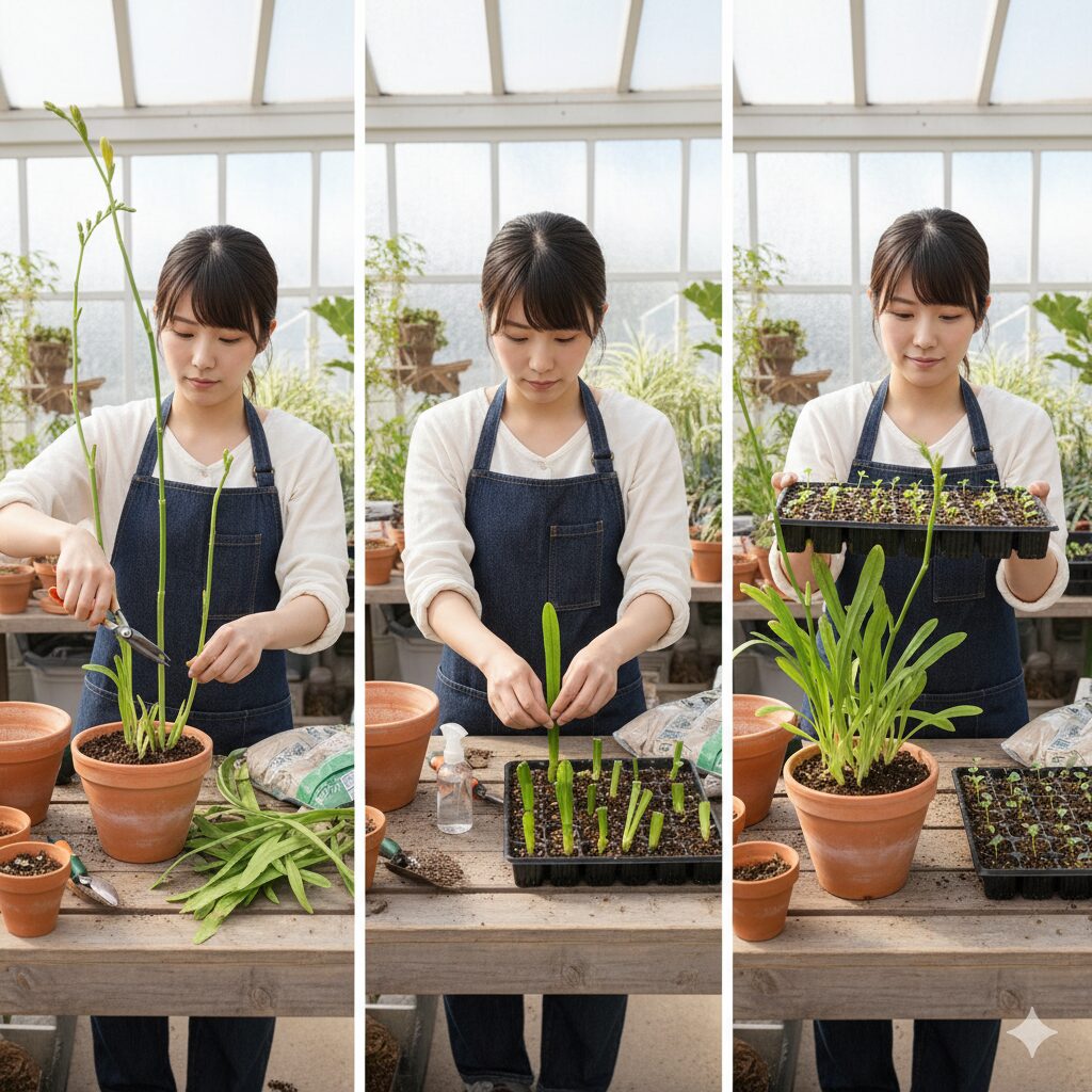 徒長した多肉植物の「胴切り」と「葉挿し」による仕立て直し手順の図解