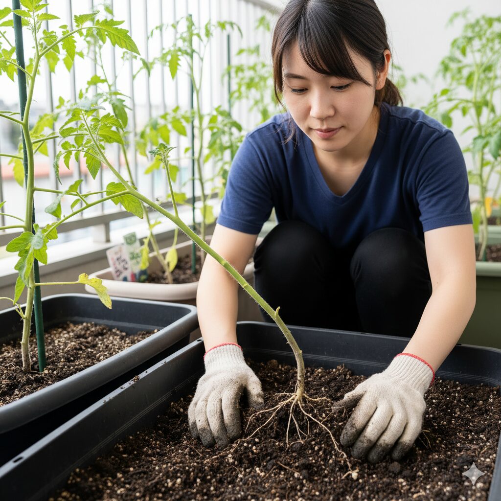 徒長したトマトの苗を「斜め植え(寝かせ植え)」し、茎から発根させて再生させる方法の図解