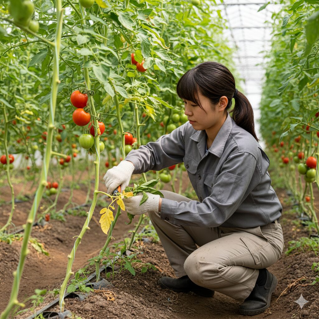 灰色かび病予防のため、トマトの下葉を摘み取り、株元の風通しを良くする整枝作業