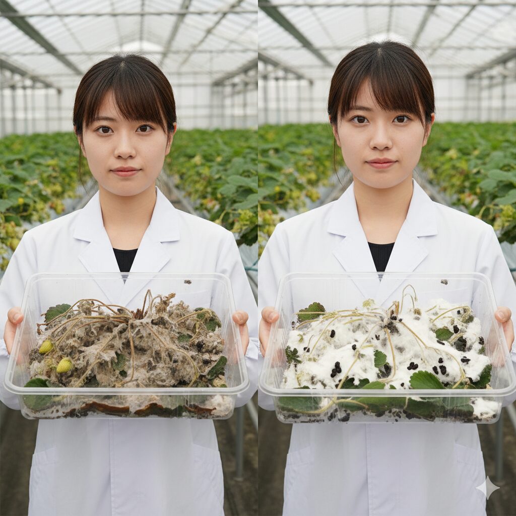 灰色かび病(灰色のカビ)と菌核病(白いカビと黒い菌核)の症状比較写真