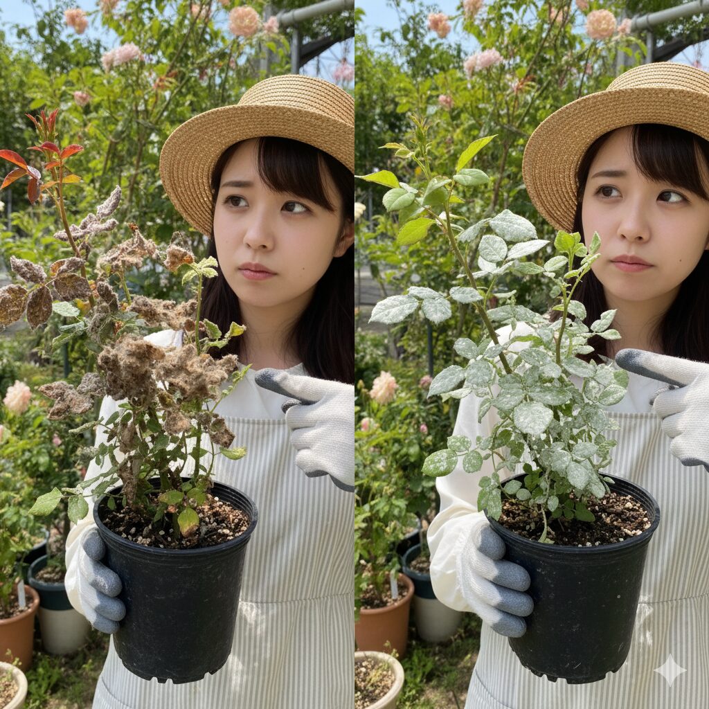 灰色かび病(腐敗)とうどんこ病(葉の表面の白い粉)の症状の違い